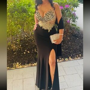 JVN by Jovani Elegant Black and Gold Evening Gown